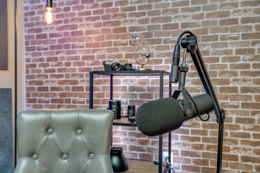 Close-up of a broadcast microphone on a boom arm against the brick wall