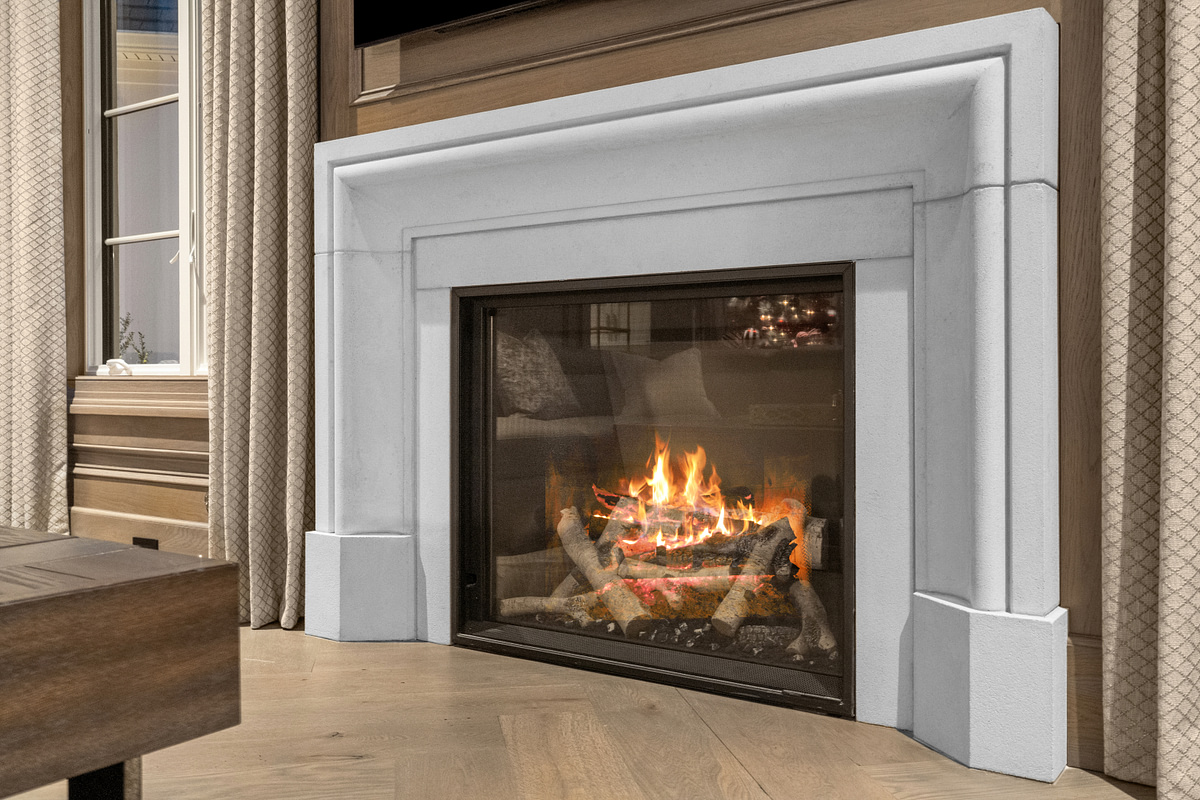 Architectural detail of a fireplace in a finished interior